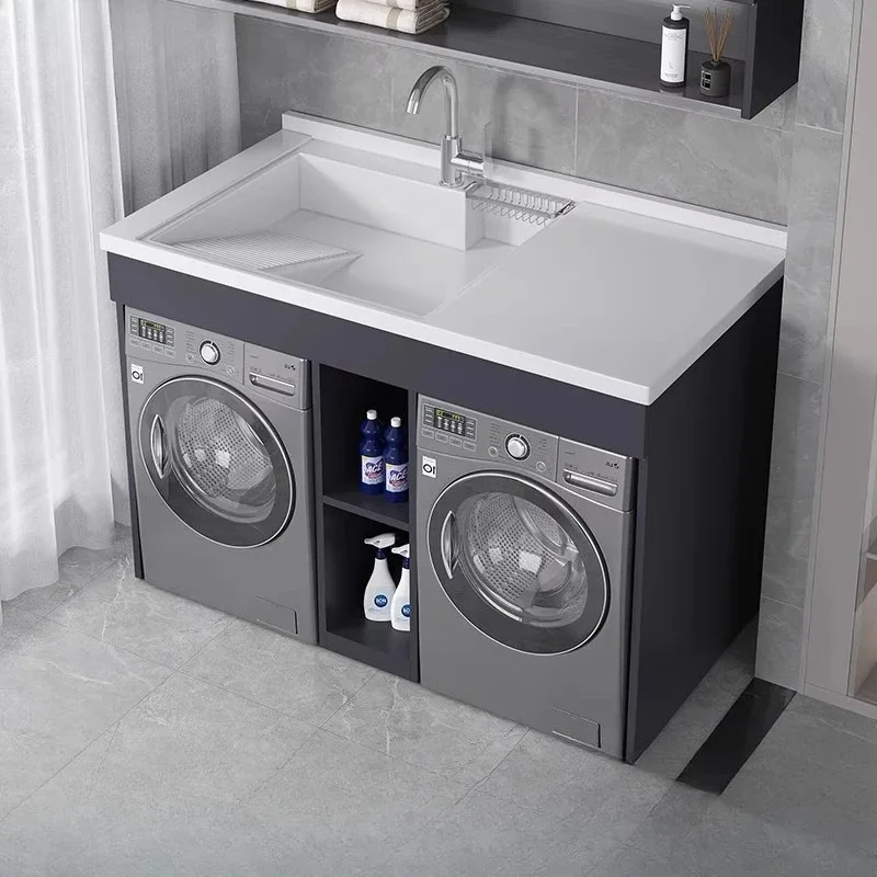 

Space aluminum modern balcony combined laundry cabinet double washing machine cabinet dryer double cabinet sink wash basin