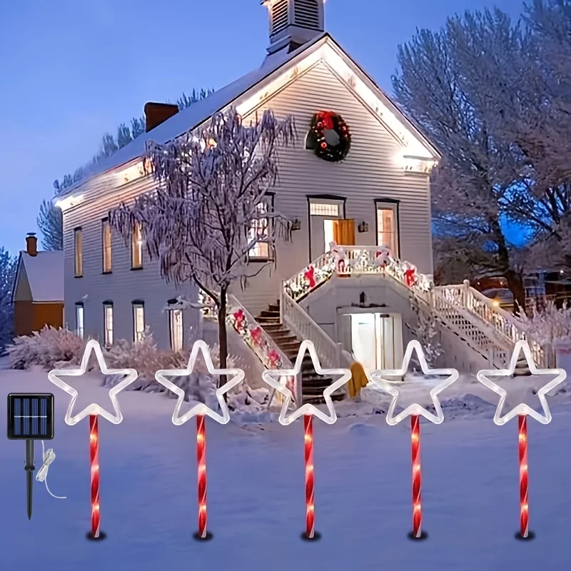 Festive Xmas Star Ground Insert Lights, Candy‑Stripe Pole LED Path Lighting, Outdoor Decor for Garden Lawn Holiday Party Display