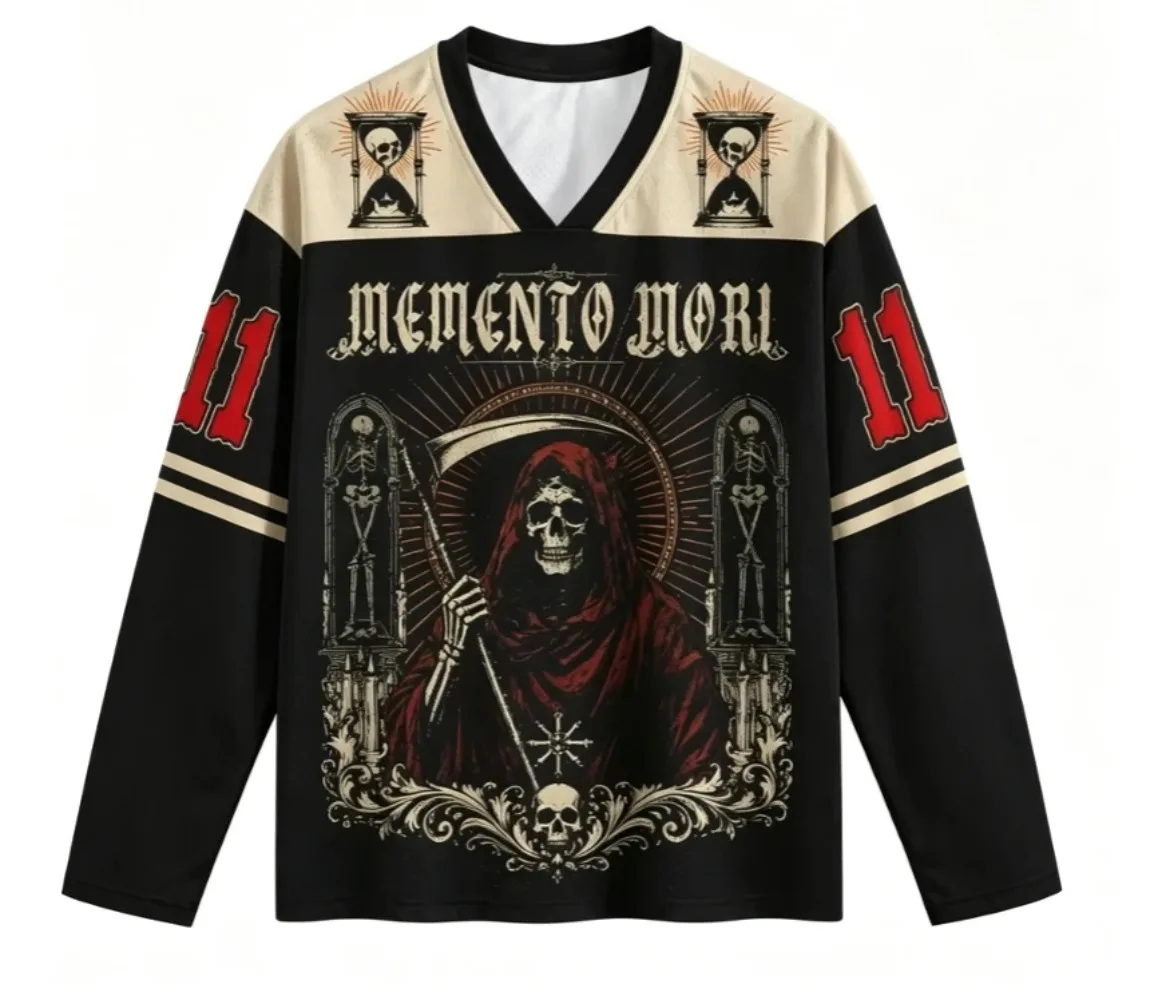 Spring-Autumn New Gothic Style Grim Reaper 3D Printed Long-Sleeved V-Neck T-Shirt Fashion Casual Sports Quick-Dry Breathable Top