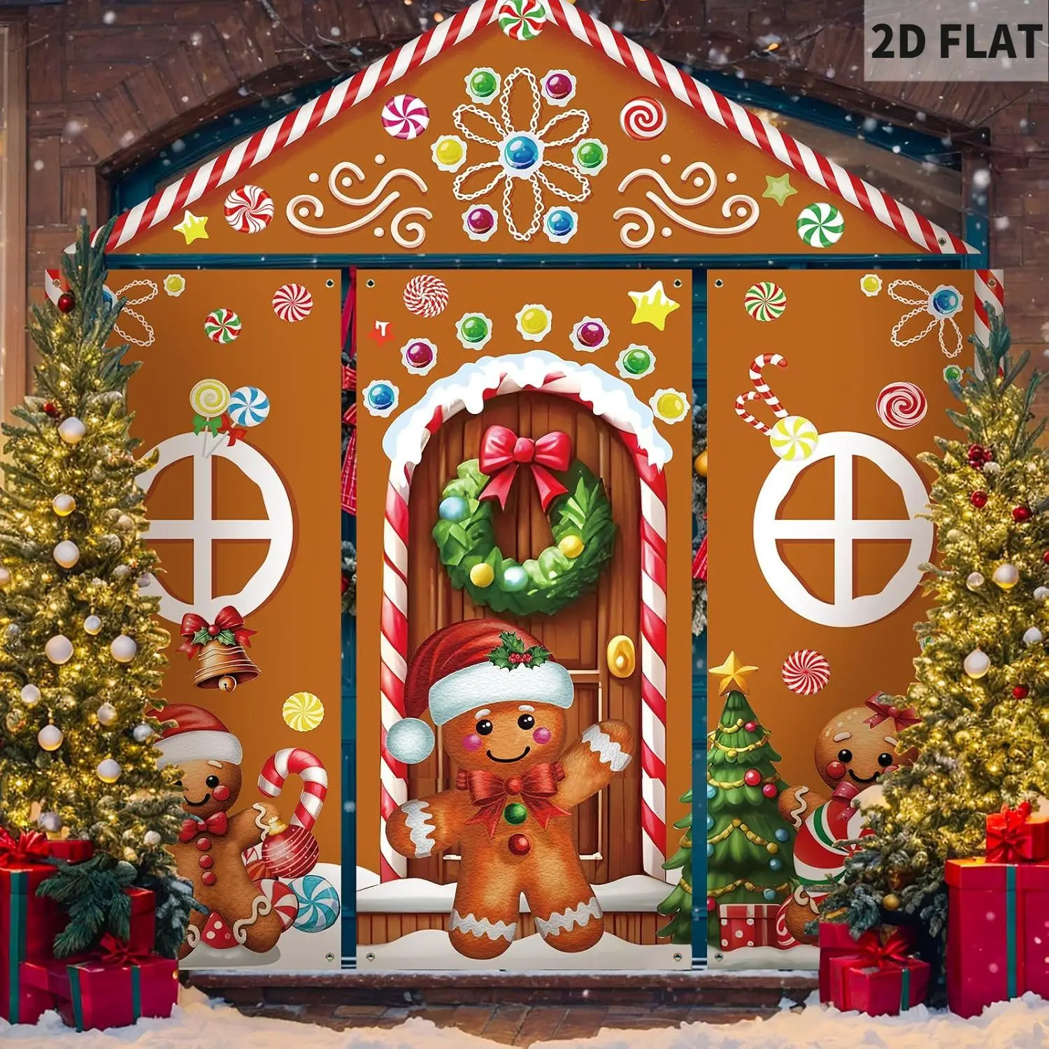 

1 Set/4pcs Brown Christmas Gingerbread House Door Banners, Colorful Candy Gingerbread Printing Christmas Door Decor