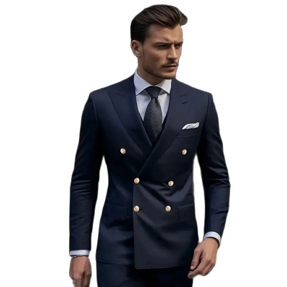 High-end Navy Blue Solid Men Suits Elegant Peak Lapel Double Breasted Two Piece Fashion Business Casual Wedding Party Tuxedo