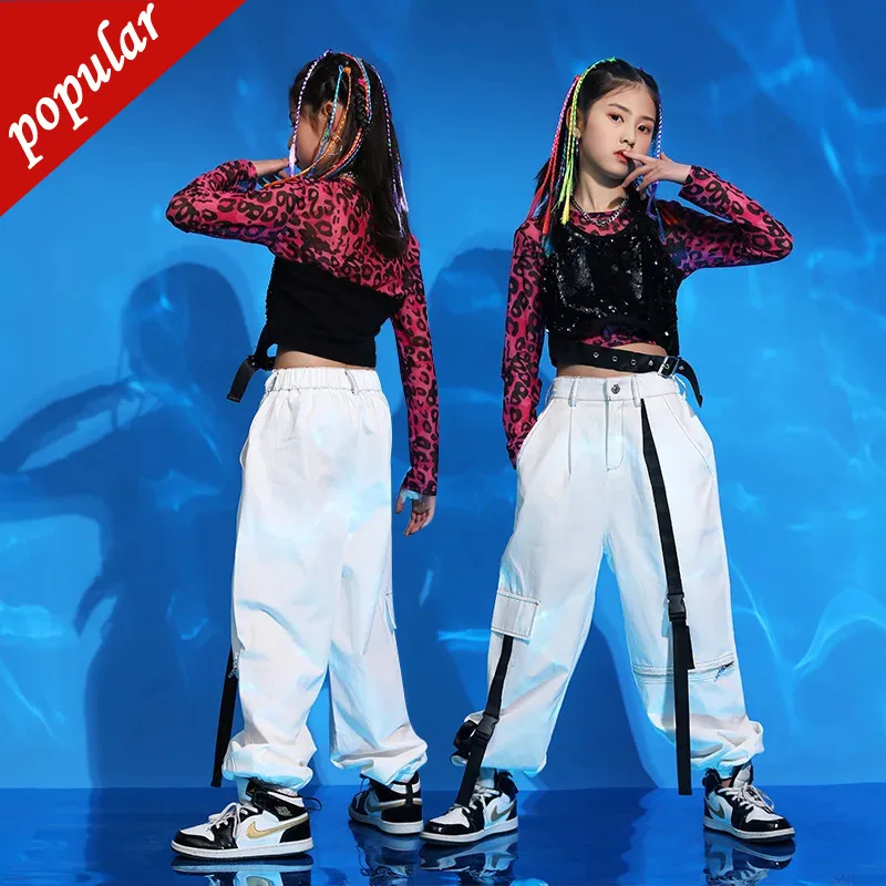 

Hip Hop Girls Leopard Crop Top Camisole Joggers Clothes Sets Kids Pink Sweatshirt Cargo Pants Street Dance Child Stage Costumes