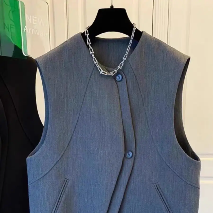 Luxury High-end Suit Vest Waistcoat Loose Jacket Top Women's Spring Autumn Design Sleeveless Office Ladies Coat Black Grey