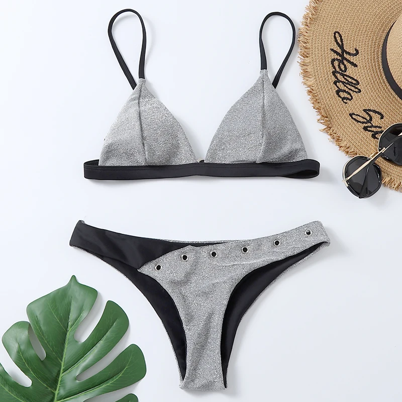 

2022 Newest Sexy Bikinis Female Micro Bling Swimwear Women High Cut Bikini Set String Swimming Suit For Women Silver Swimsuit