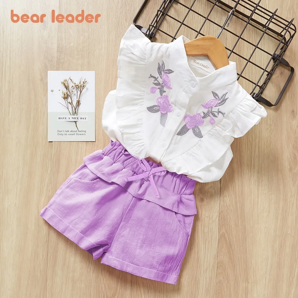 Bear Leader Kids Clothes Girls Summer Embroidered Flower Flying Sleeve Top+Bow Elastic Shorts Set White Shirt Set