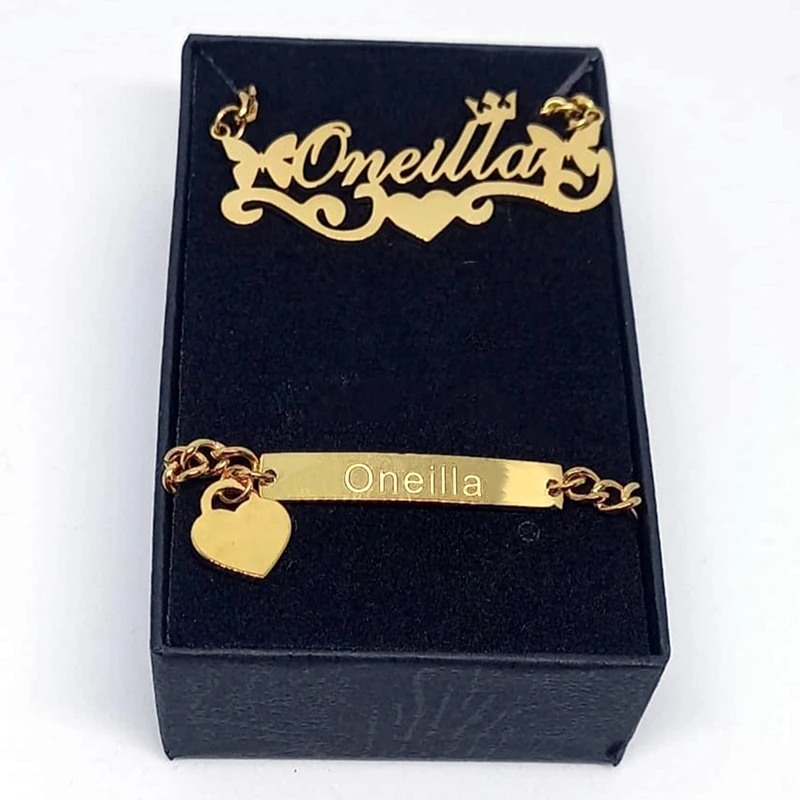 Custom Stainless Steel Name Necklace and Bracelet Set para Mulheres, Cor do Ouro, Coroa, Borboleta, Placa de identificação, Coração Jóias, Acessórios, Melhores Presentes