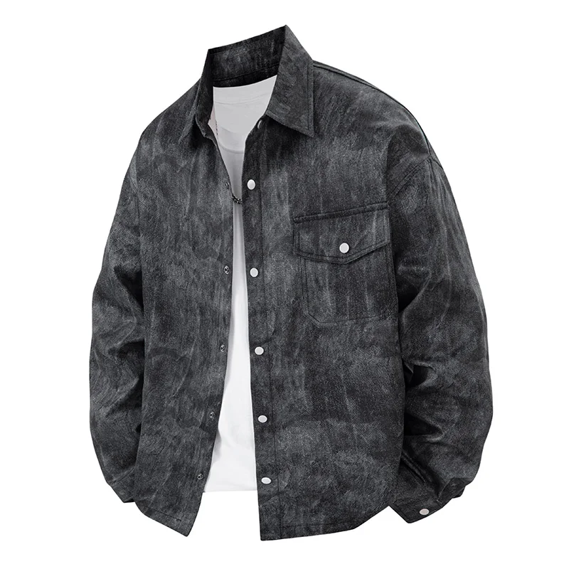 جديد الرجال موضة عادية قمصان دنيم الرجال المطبوعة رفض طوق جاكيتات ربيع الخريف الرجال قمصان فضفاضة طويلة الأكمام
