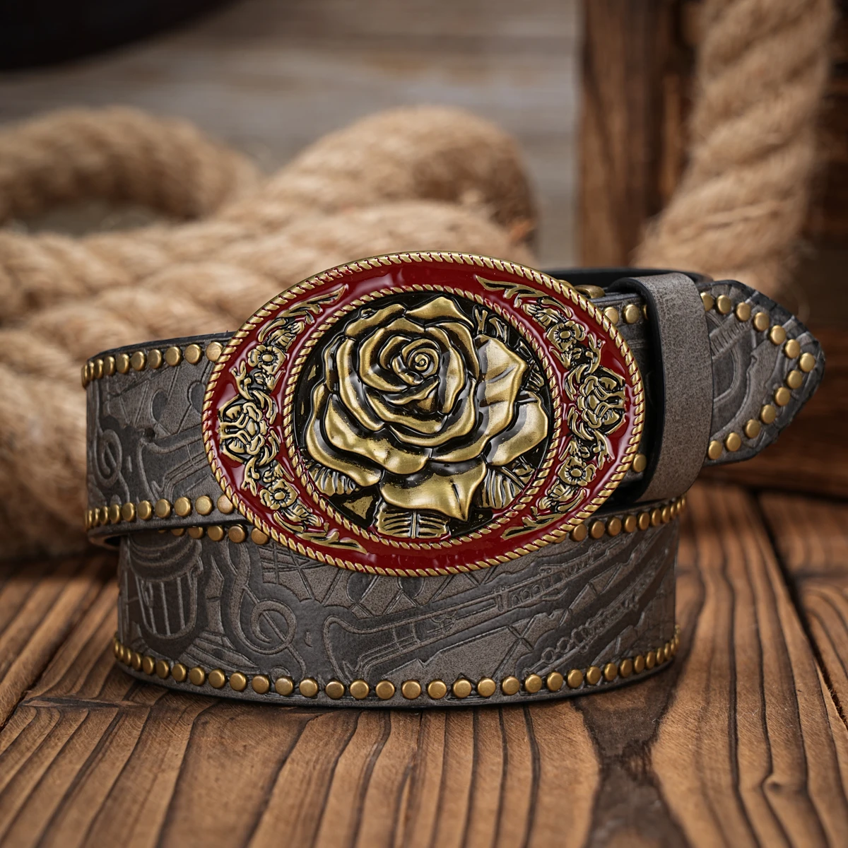 Men & Women-Western-Cowboy-PU Leather-Belts - Vintage horse Belt Floral Engraved Buckle Belt for Jeans