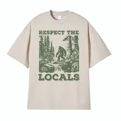 Respect The Locals Big Foot Sasquatch Yeti Walking in The Forest Vintage T Shirt Men Women Casual Funny Y2k Meme Graphic T-shirt