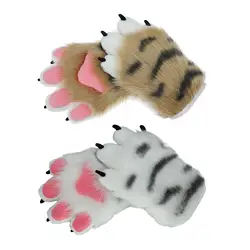 2 Pieces Furry Gloves Tiger Paw Shape Warm Cute Plush Hand Gloves for Cosplay Presents Fancy Dress up Party Christmas Party