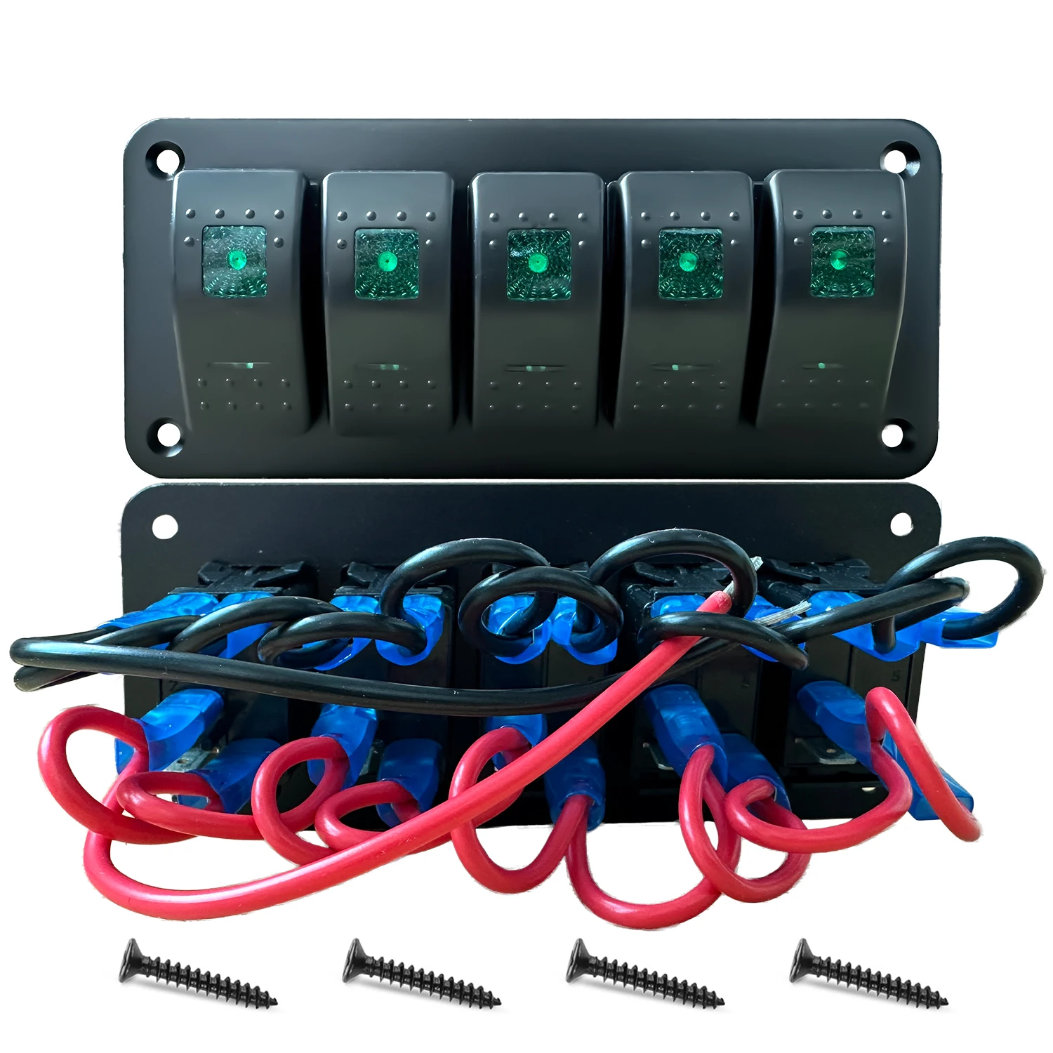 

5-Gang 5-Pin Toggle Switch Panel with Green LED, Car Modification Switches for 12V 24V Automotive Marine Trailer