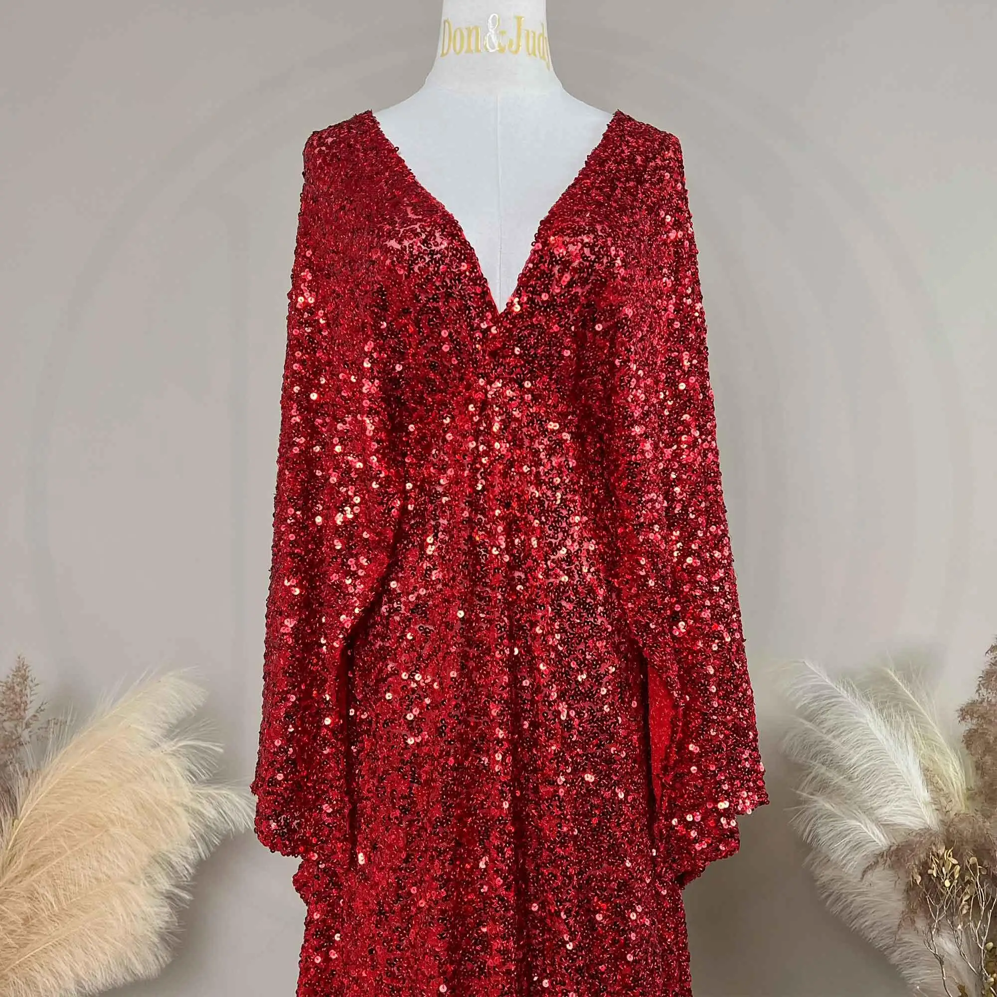 Don&Judy Abend-Partykleid mit Pailletten, V-Ausschnitt, sexy Langarm-Seitenschlitzkleid für formelle Partys – Detail 8