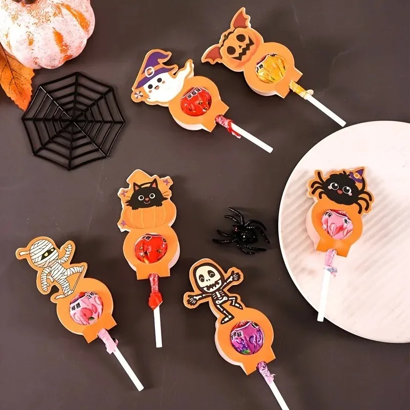 24 Stück Halloween-Lollipop-Papierkarten mit niedlichen Spinnen, Mumien, Geistern, Kürbissen und Skeletten als Süßigkeitenhalter für Partydekoration