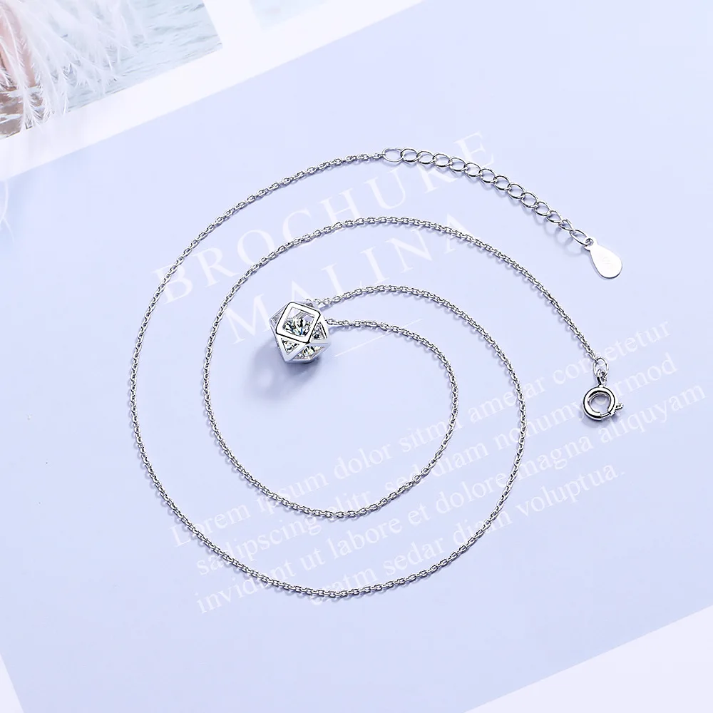 S925 Sterling Silver Women\'s Collarbone Chain Rubik\'s Cube Zircon Pendant Necklace (40cm + 3.5cm) Luxury Jewelry