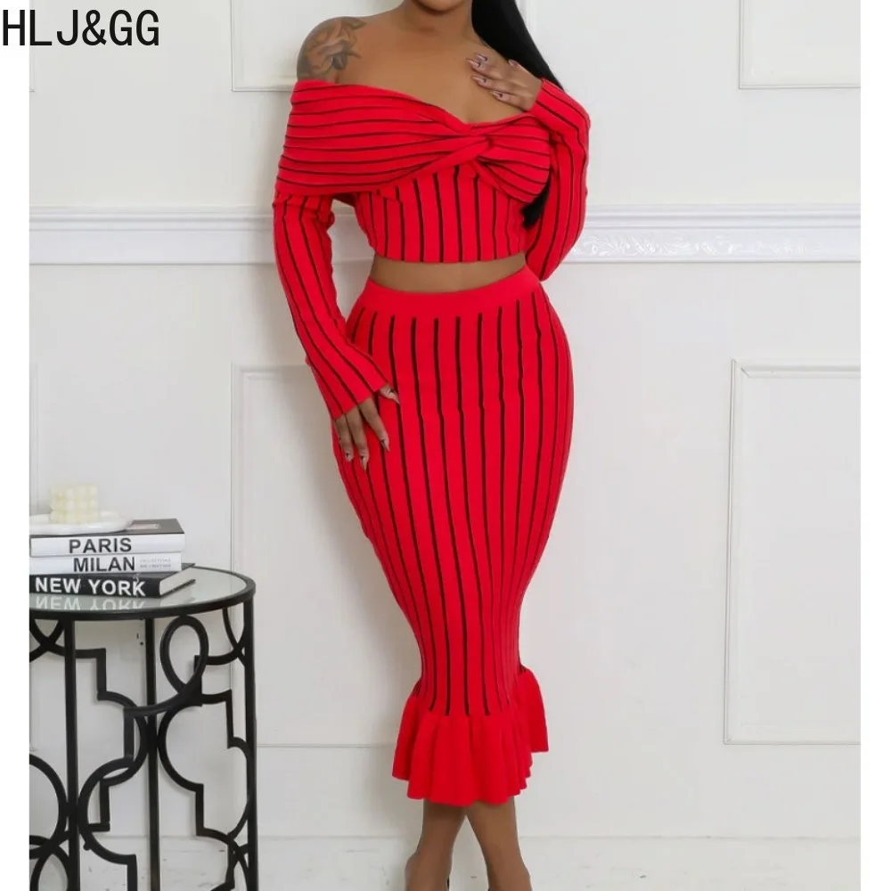 

HLJ&GG Elegant Lady Stripe Printing Skinny Skirts Two Piece Sets Women Off Shoulder Long Sleeve Crop Top And Skirts Outfits 2025