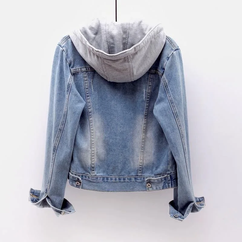 S-5XL Women Denim Jackets Spring Autumn Single-Breasted Detachable Hood Short Jean Jacket All-Match Casual Slim Outerwear