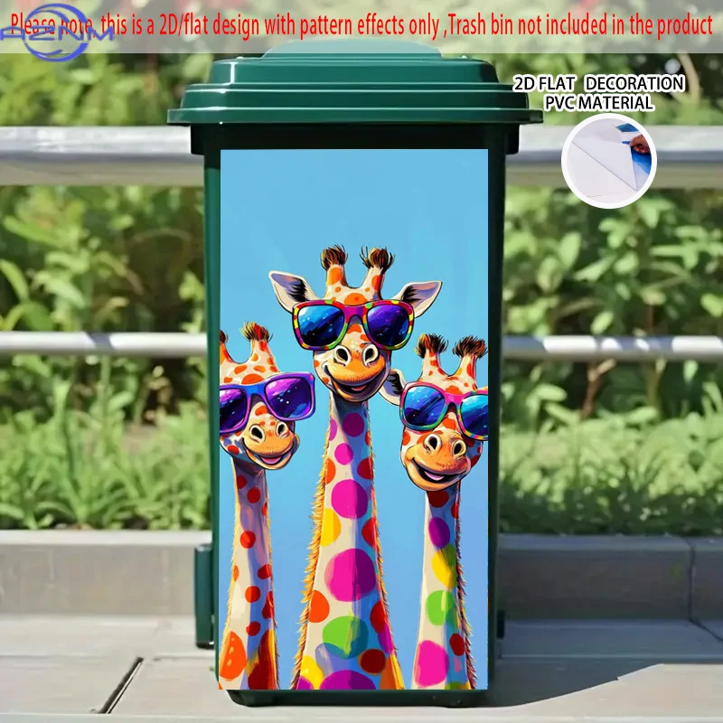 Giraffes with Sunglasses Pattern Self-Adhesive Dustbin Stickers, PVC Trash Can Decorative Stickers, Wheelie Bin Stickers, 37.0