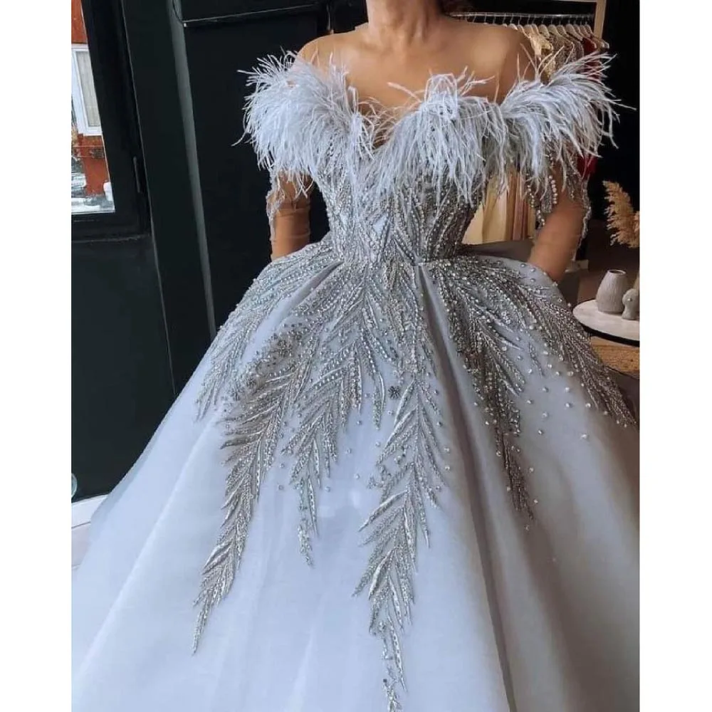 

Exquisite Sweetheart Feather Tassel Prom Dress Light Blue Fashion Beading Sequined Pearls Floor Length Ball Party Evening Dress