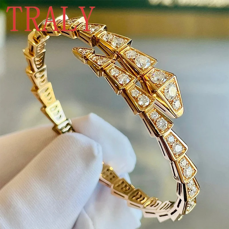 18K True Gold Snake Bone Bracelet Full Moissanite Diamonds White Gold Color Women's Bangles Fashion High Quality Jewelry Gifts