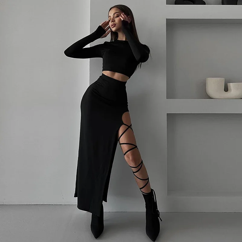 

Solid Sexy Two Piece Set Long Sleeve Crop Top High Split Bandage Long Skirt Set Club Outfits Summer and autumn