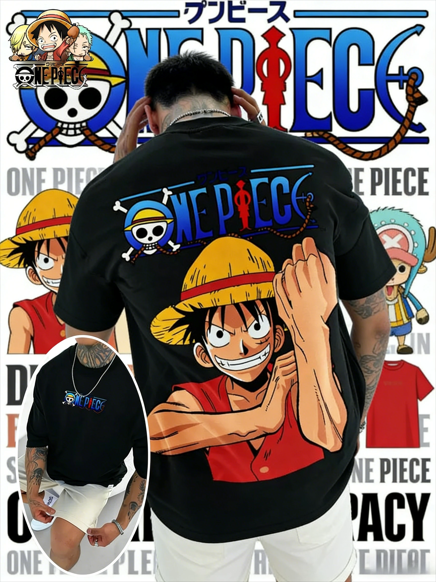 

2026 Summer One Piece Vintage Cotton Print T-Shirt Monkey D. Luffy Straw Hat Skull Anime Tee Adult Kids Sport Top for Anime Fans