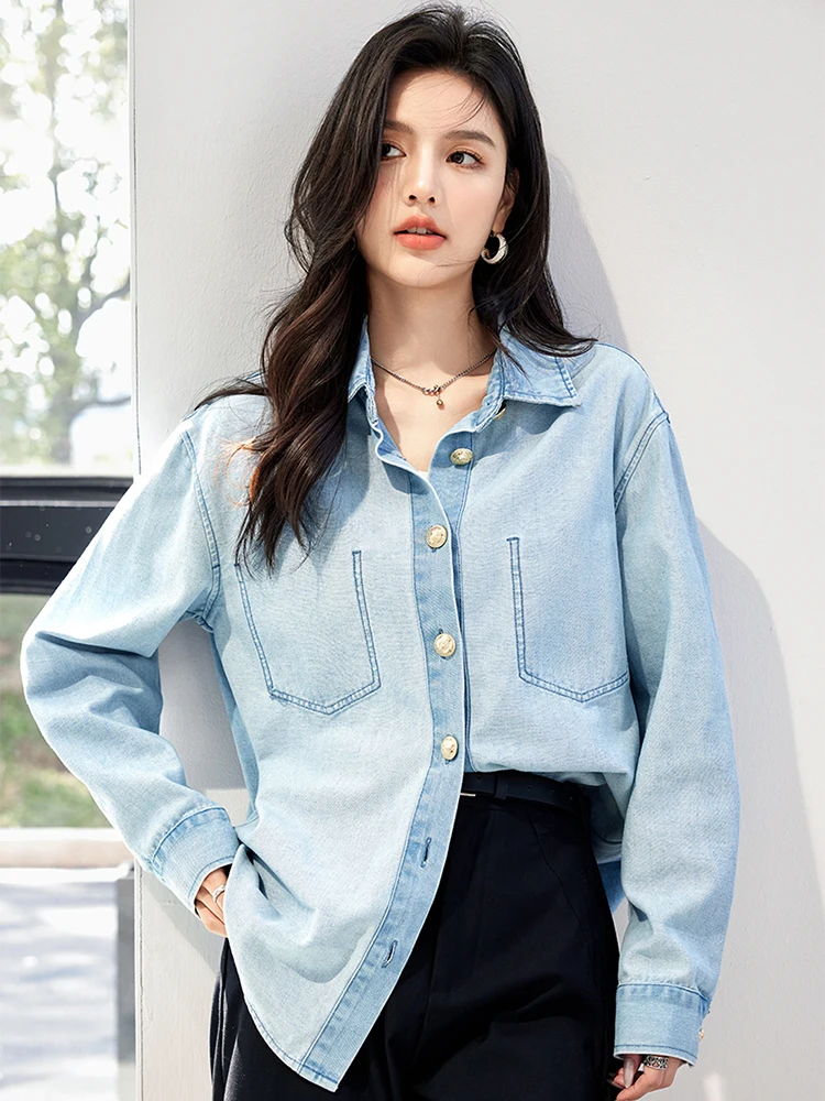 Autumn 2024 New Denim Shirts For Women Korean Style Long Sleeve Top Loose Retro Elegant Jean Blouses