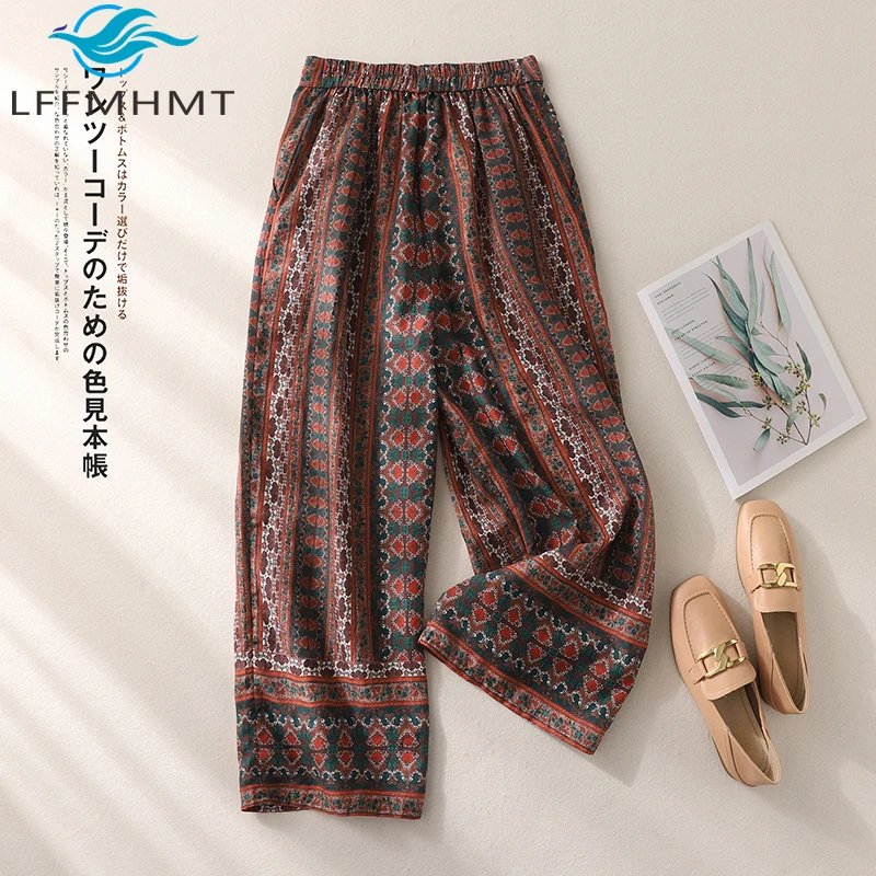 Chinese Vintage Style Good Quality Women's Cotton Linen Pants Female Summer Fashion Elastic Waist Straight Loose Casual Trouser