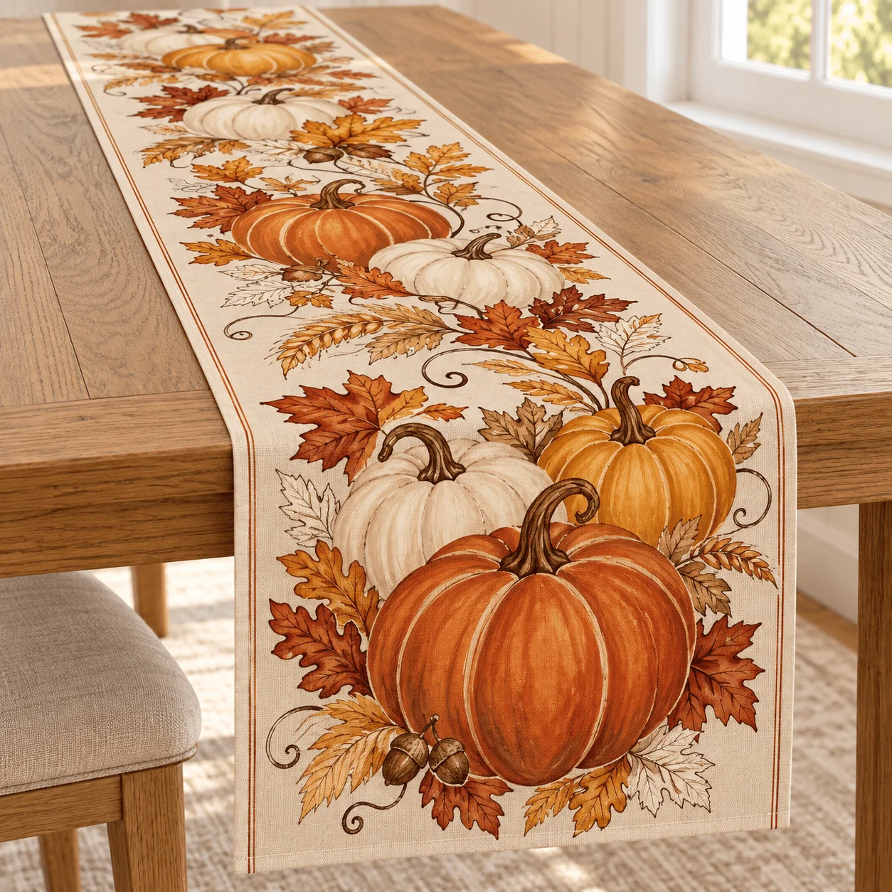 1 table flag, linen material, maple leaf three-color pumpkin, wheat ear acorn print