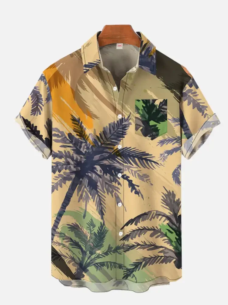 Hawaiian men's coconut tree pattern shirt, summer beach sunset shirt, casual short sleeved shirt, 3D printed exquisite shirt