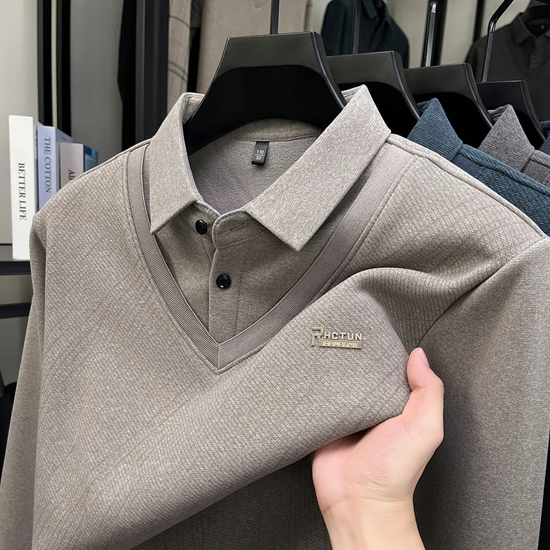 

Luxury Brand Men's Lapel Fake Two Piece Winter Hot Sales Letter Print Velvet Long Sleeve T-Shirt Warm Business Fashion Mens wear