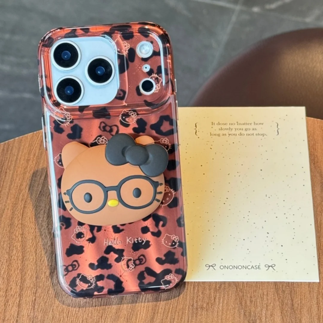 

Cartoon Cute coffee wear glasses Hello Kitty Holder Luxury leopard print KT Phone Case For iPhone 17 14 15 13 16 Pro Max Cover﻿﻿
