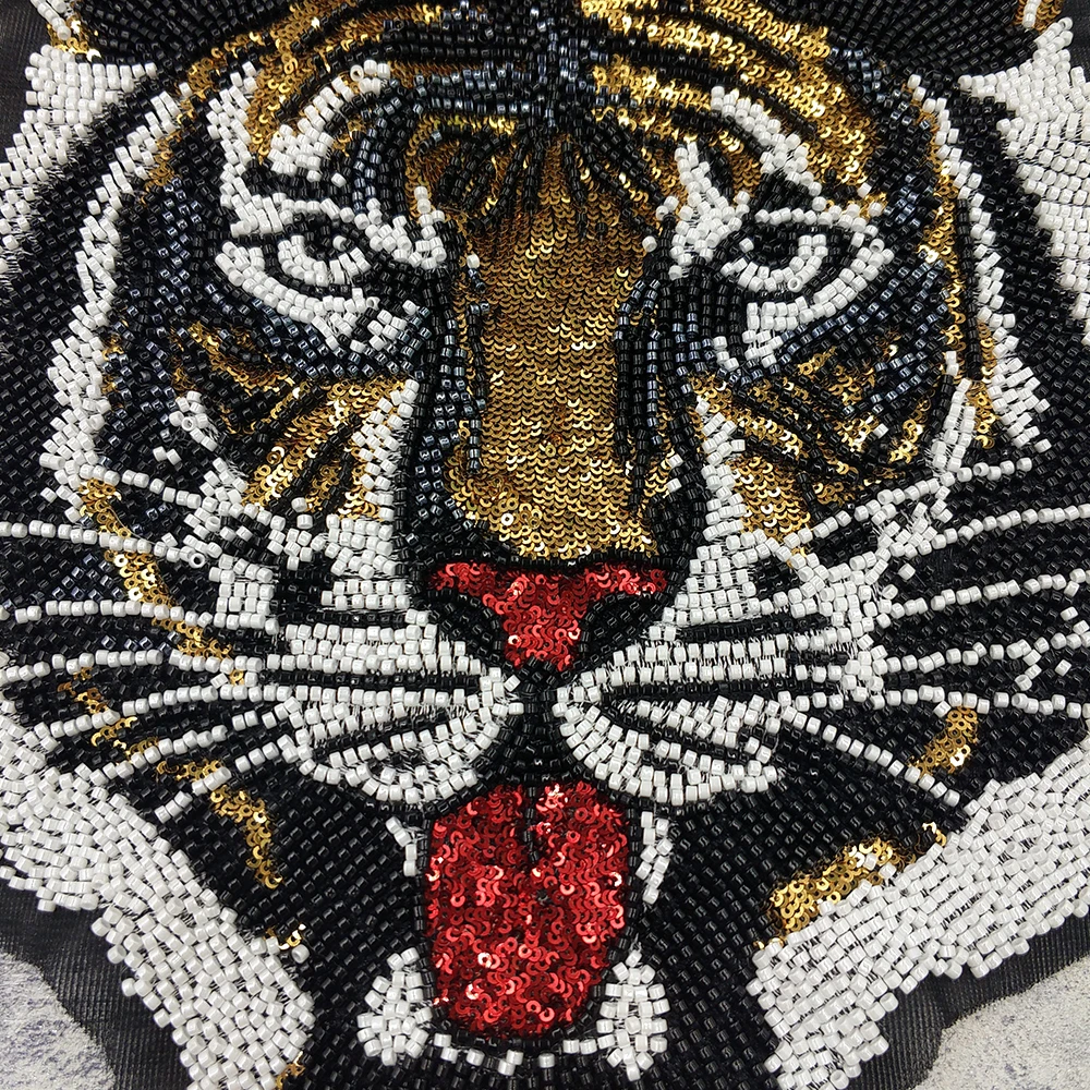 Domineering Sequin Cool Yellow Tiger Embroidery Beaded Patch Punk Rock Applique Big Badge Jacket Clothes Sewing DIY Accessories