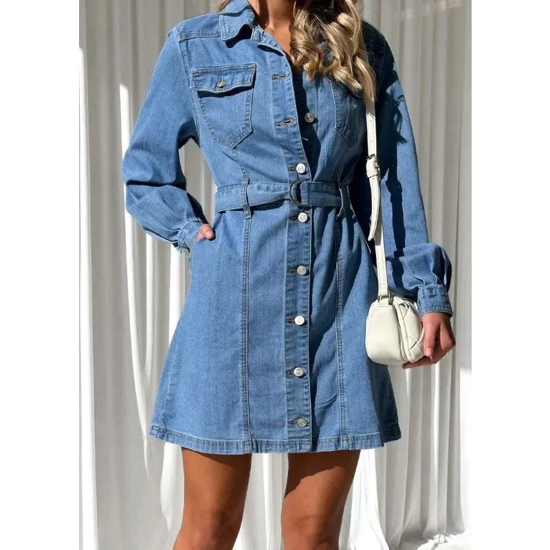Jeans Dress Single Breasted Long-Sleeved Y2K Denim Dress Fashion Casual Button Lace-up Slimming Denim Dress for Women