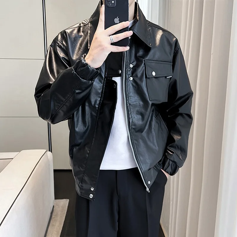 Street Style Men's Biker Jacket Double Zipper PU Leather Coat Shoulder Pads High Street Autumn Winter Outerwear Trendy Design