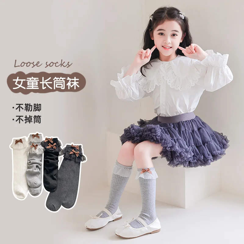 Cute Girls Solid Color Long Socks Dot Print Orange Bow Sheer Tulle Large Lace Bow Trim Comfort Thin Elastic Breathable Stockings
