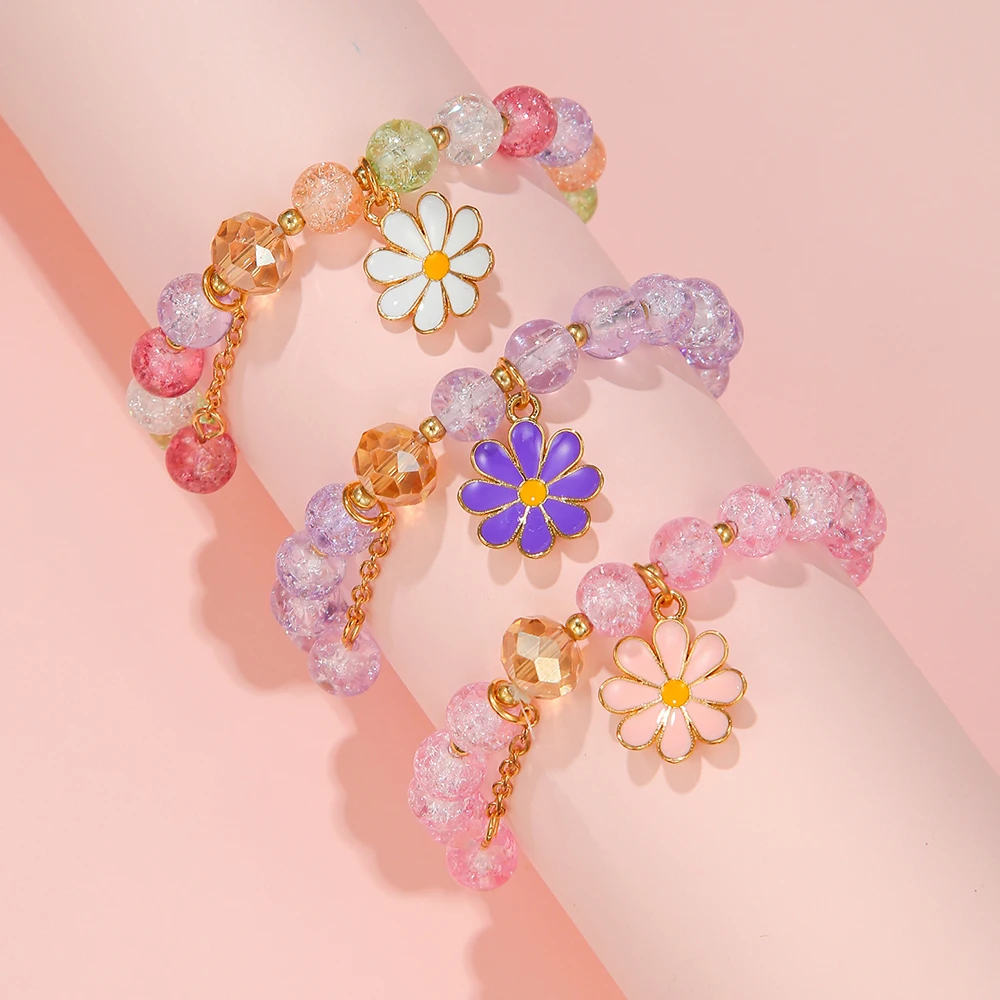 3-teiliges Gänseblümchen-Blumen-Armband-Set mit Kristallperlen, Süße Florale Charm-Armbänder für Mädchen, Stapelbare Armbänder