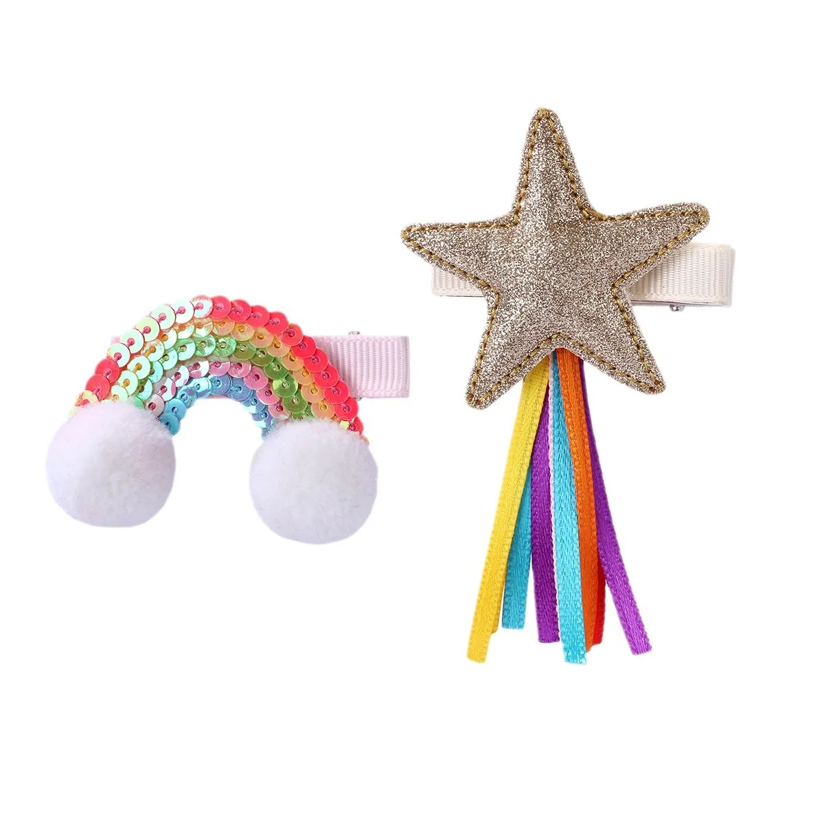 10Sets Glitter Star with Tassels Hairpins Sequin Rainbow PomPom Hair Clips Fashion Headwear Boutique Hair Accessories for Girls