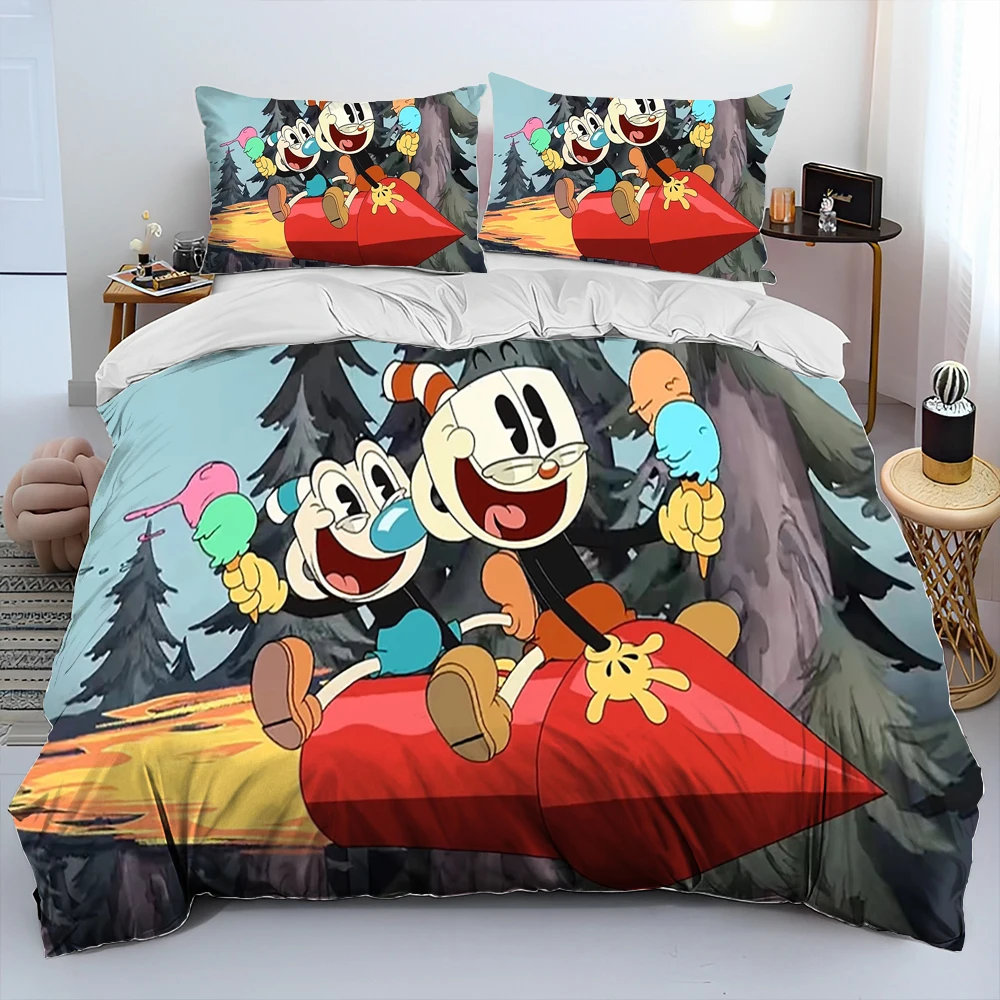 Cuphead and Mugman,Game Gamer Comforter Bedding Set,Duvet Cover Bed Set Quilt Cover Pillowcase,King Queen Size Bedding Set kids