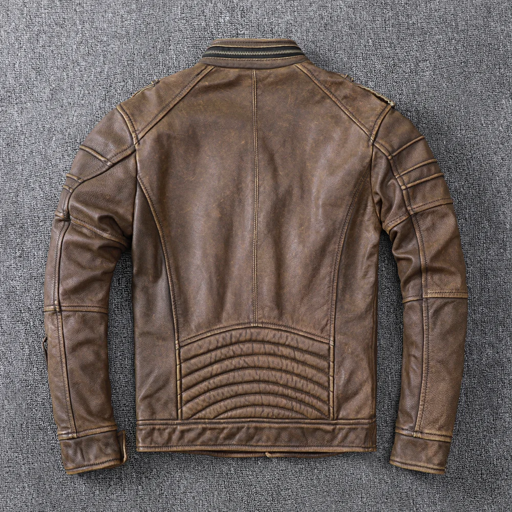 Man Vintage Leather men's Short Layer Pure Cowhide Leather Jacket Made Old Motorcycle Jacket Leather men's Coat