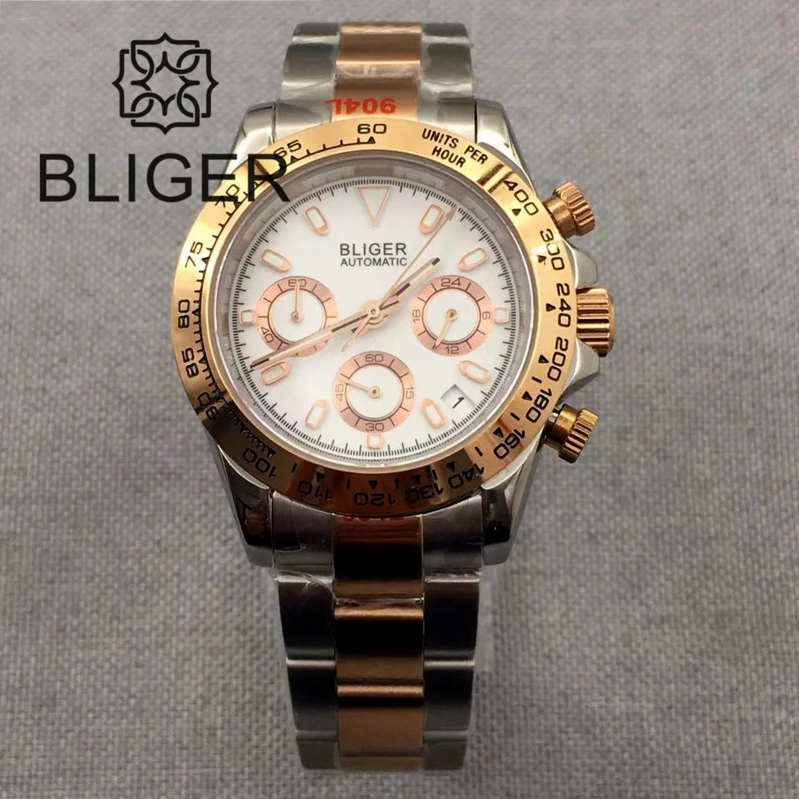 

BLIGER Two-tone Rose Gold Japan VK63 Men's Automatic Watch Chronograph Stainless Steel Date Waterproof Sapphire Crystal