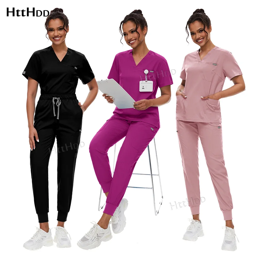 Scrubs Set for Women Joggers V-Neck Pocket Top Uniforms Medical Nursing Dental Scrub Veterinary Pet Grooming Work Wear Wholesale