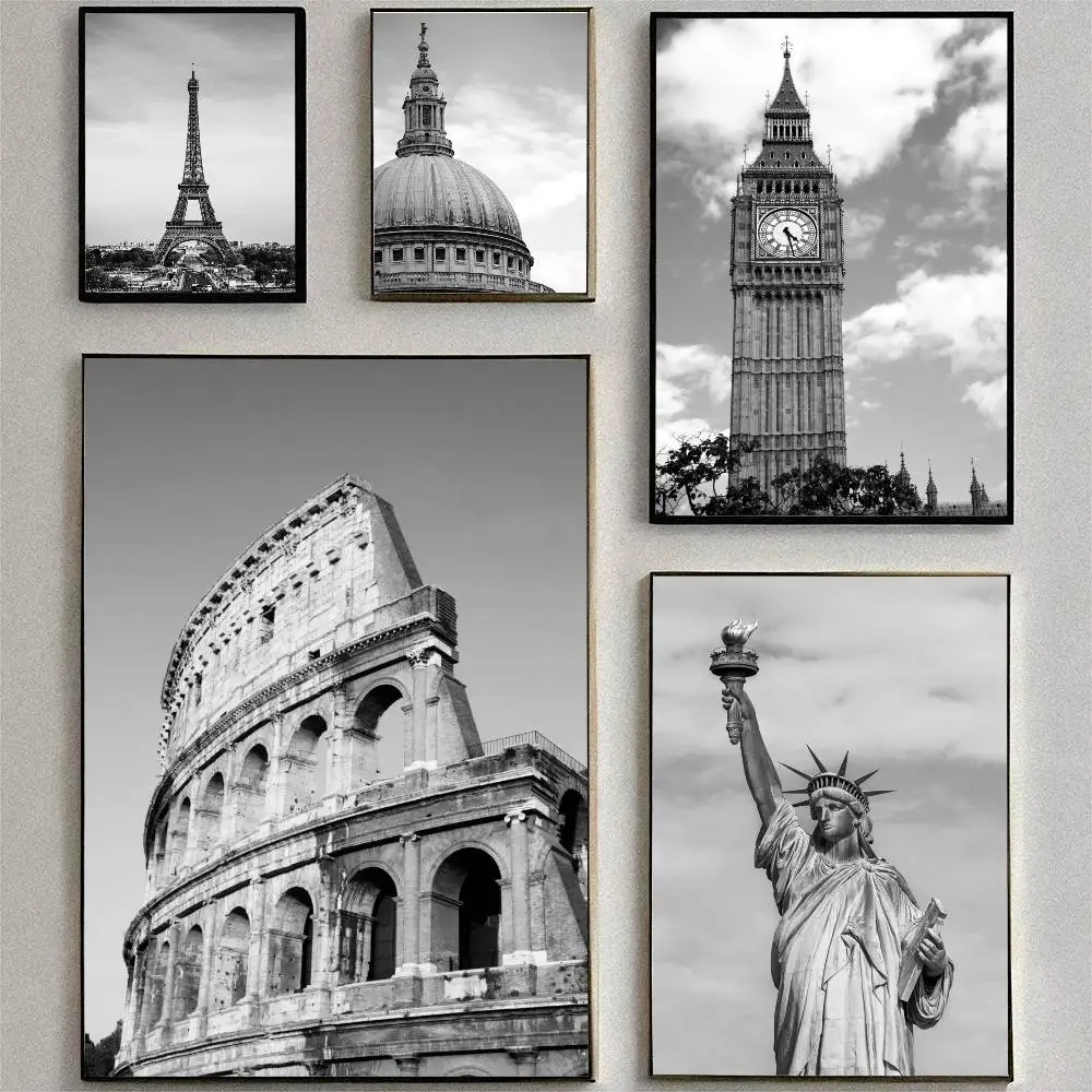 Black And White London Tower Bridge Rome New York Posters High Quality Self-adhesive Wall Art Decorations Color Prints Sticky