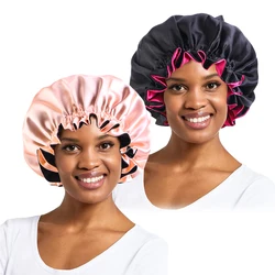 2PCS/LOT Unisex Silky Night Sleep Hats Double Layer Head Cover Fashion Shower Cap Adjustable Silky Satin Bonnet For Women