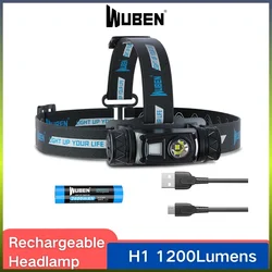 WUBEN H1 헤드 램프 충전식 높은 강력한 헤드 라이트 1200 루멘 P8 LED 2600mAH 배터리 가벼운 낚시