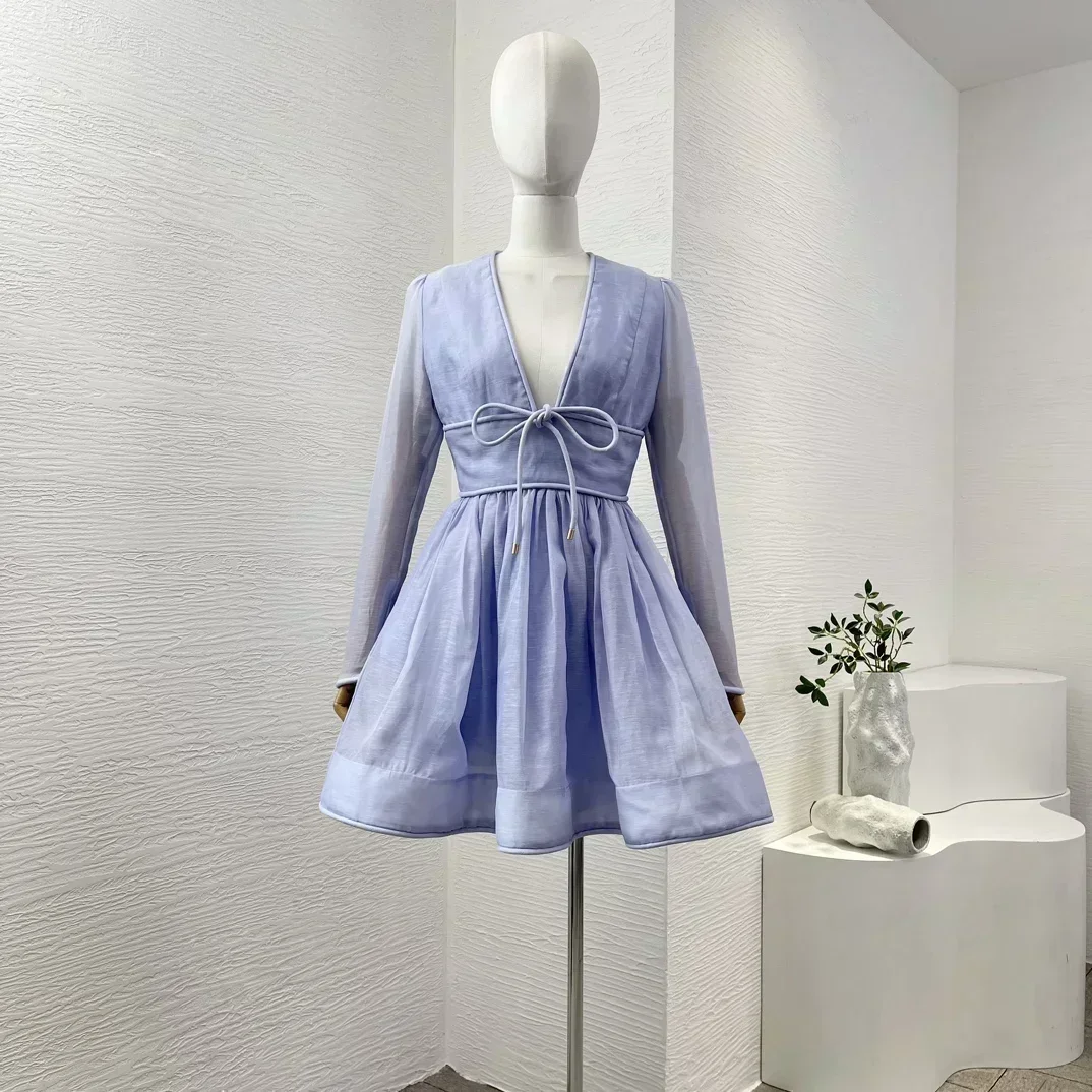 

New Collection High Quality Linen Silk Women's Blue Long Sleeve Deep V-neck Mini Dress for Summer Holiday