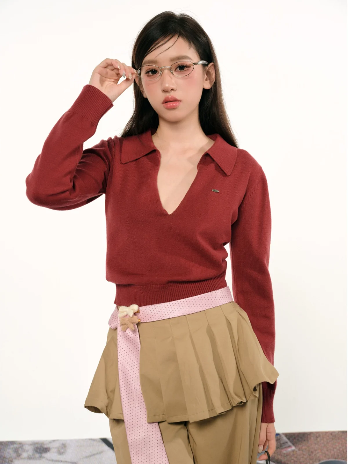 

Сексуальный вязаный свитер для женщин с V-образным вырезом, винно-красный, укороченный, с длинными рукавами, для повседневной носки