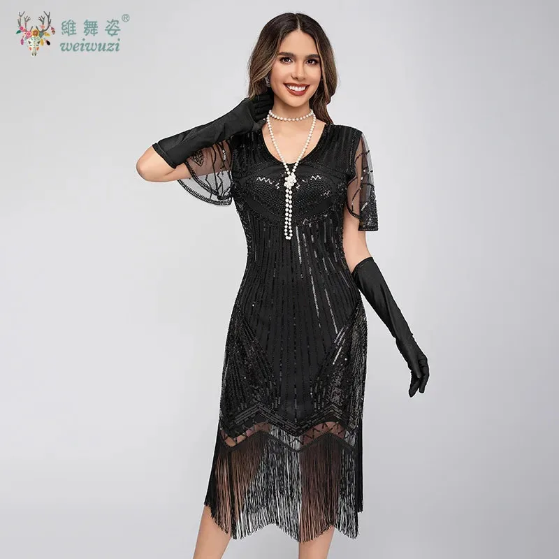 2025年最新スタイル レトロタッセル付きイブニングドレス ハンドメイドグリッタービーズ刺繍入り半袖 ギャツビー風ボールガウン