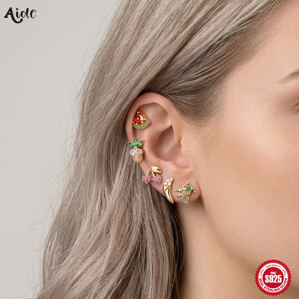 Aide S925 Sterling Silver Piercing Earring Colorful Zircon Fruit & Animal Cartilage Studs for Women Cute Ear Stacking Jewelry