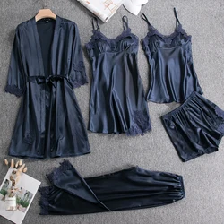 Pajamas Five Piece Set Casual Silk Satin Bathrobe Sexy Wedding Bride Robe Nightgown Summer Casual Female Home Clothes Loungewear