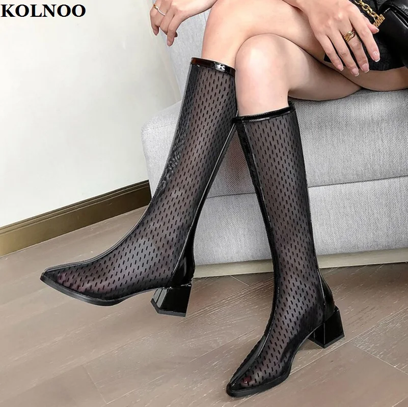 

Kolnoo New Arrival Summer Style Womens Chunky Heel Boots Air-mesh Night Club Large Size 34-52 Booties Evening Fashion Prom Shoes